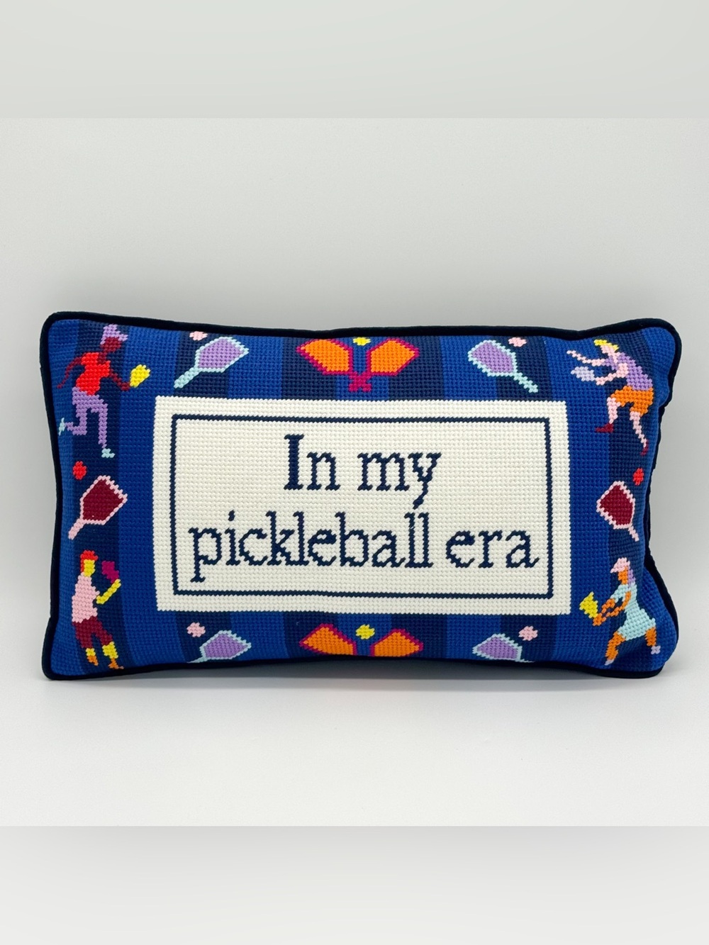NWT Furbish Studio In My Pickleball Era Needlepoint Pillow Velvet Blue